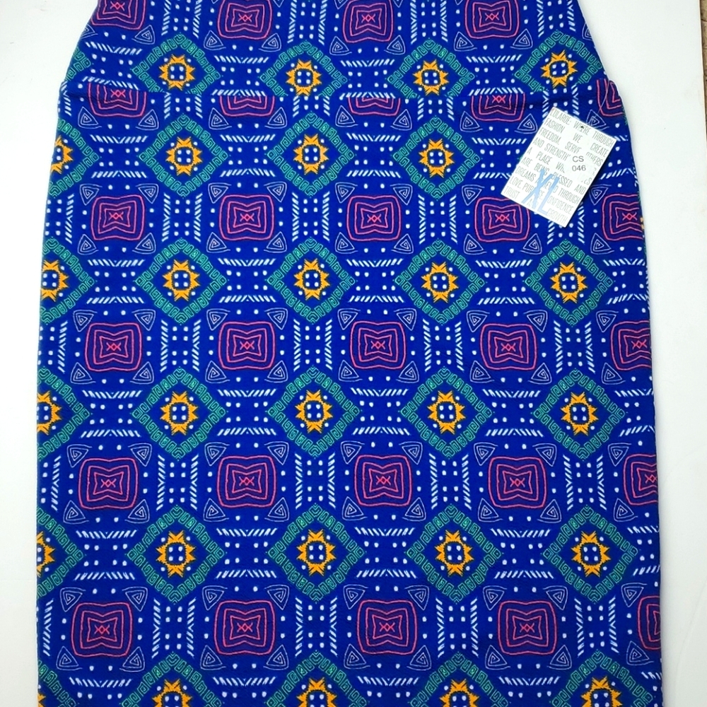 NWT LuLaRoe Cassie Skirt XL Blue Pink Yellow Geometric Tribal Pencil Skirt